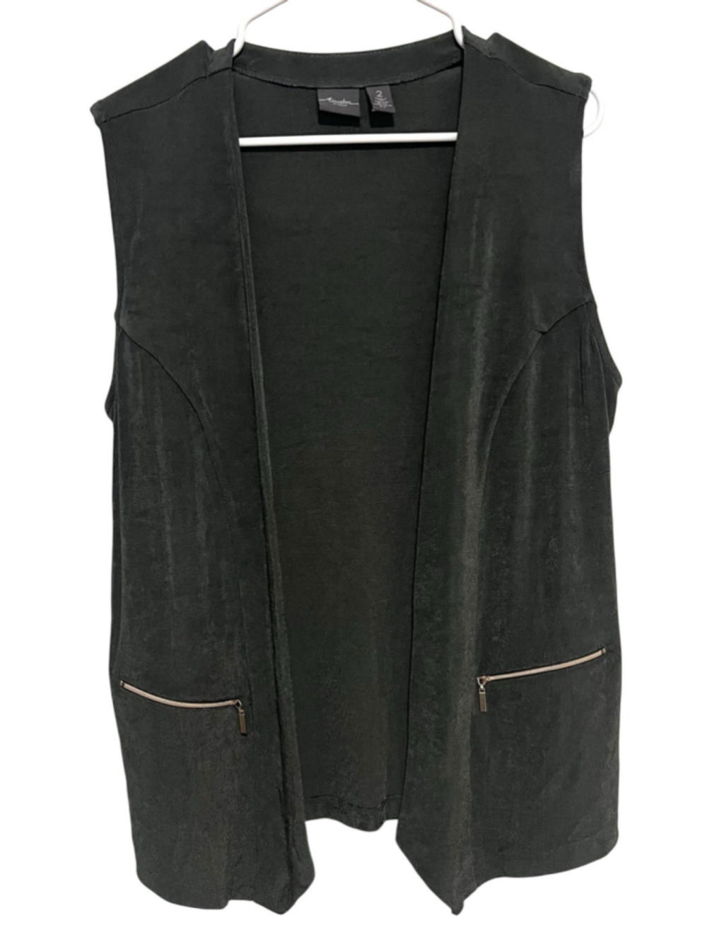 Chico's Travelers Olive Green Open Vest Large 2 Gold Zipper Slinky Knit Stretch